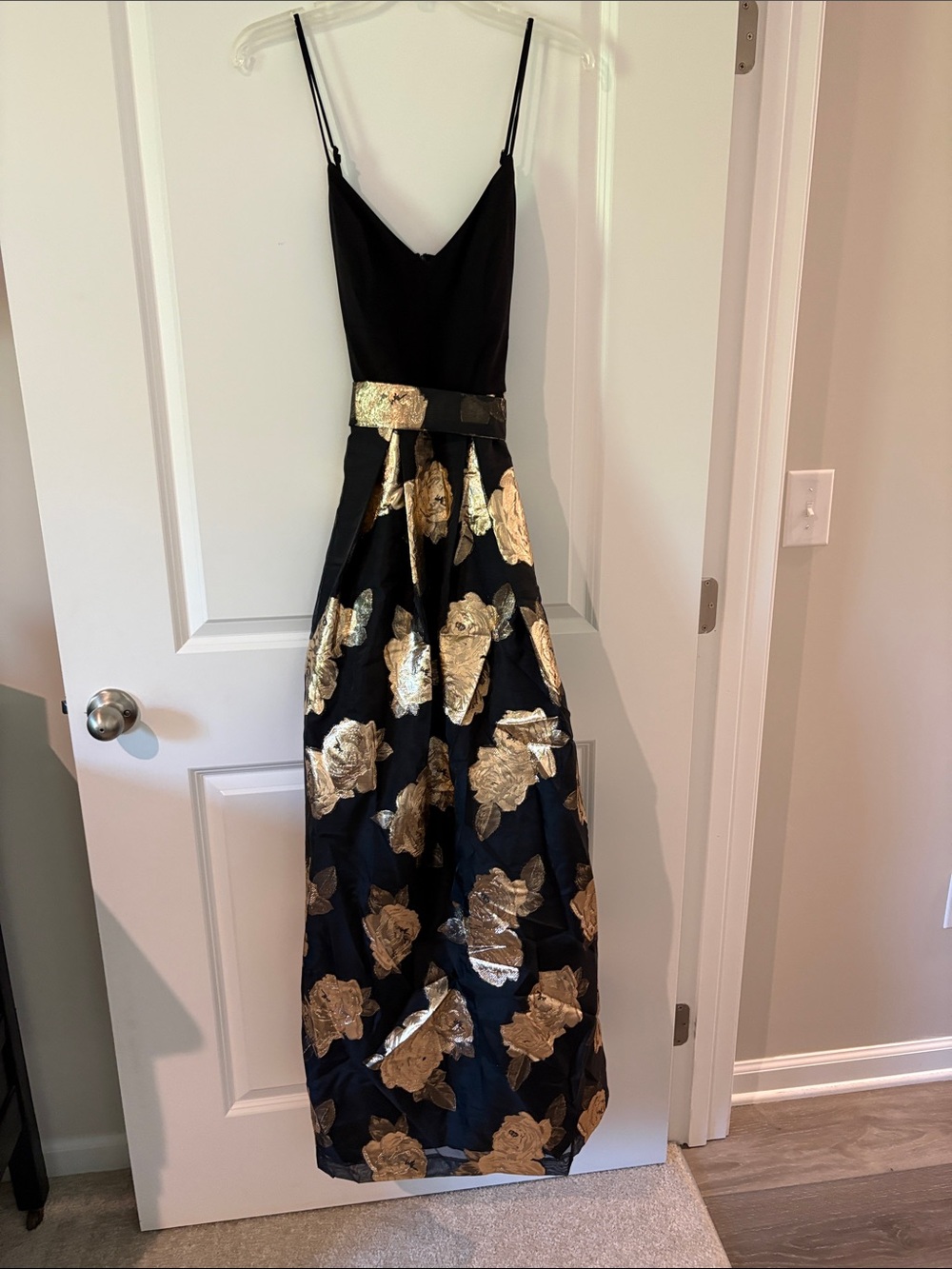 Eliza J Black and Gold Floral Formal Gown